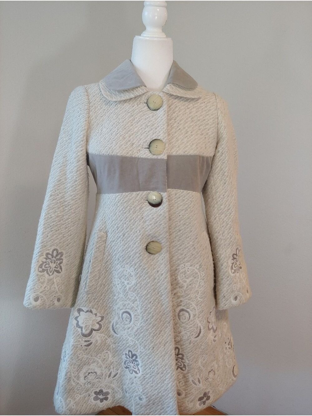 Anthropologie Elevenses Rockwell Wool Blend Retro Look Pea Coat Size 0 Cream